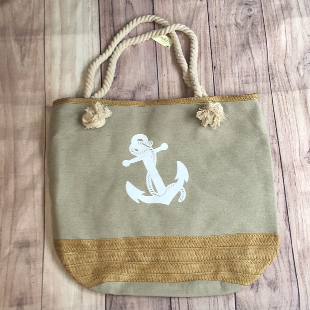 HP Anchor Print Rope Handle Canvas Beach Tote Bag